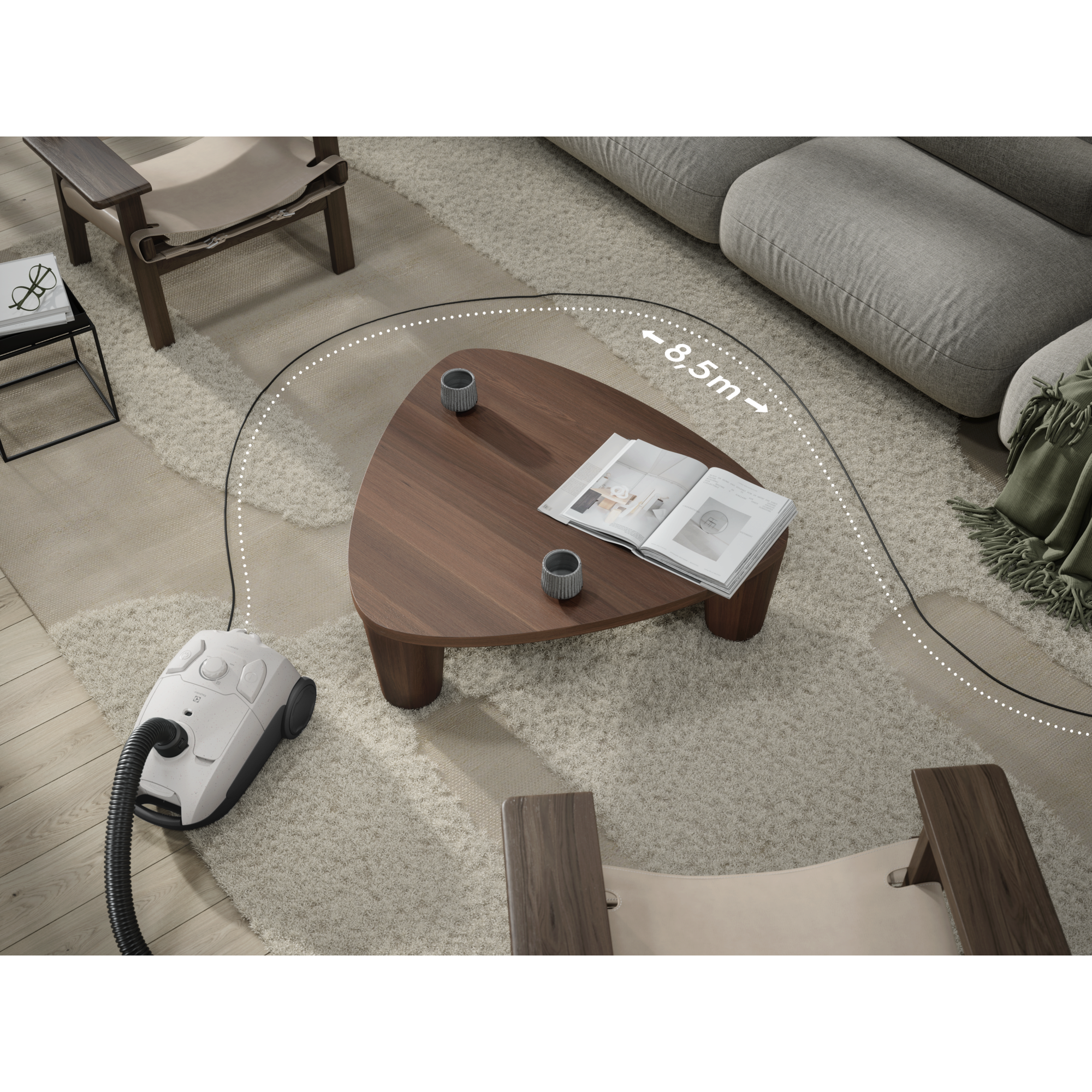 Clean without interruptions. The 8.5m cleaning radius gives you plenty of reach without changing the power outlet.