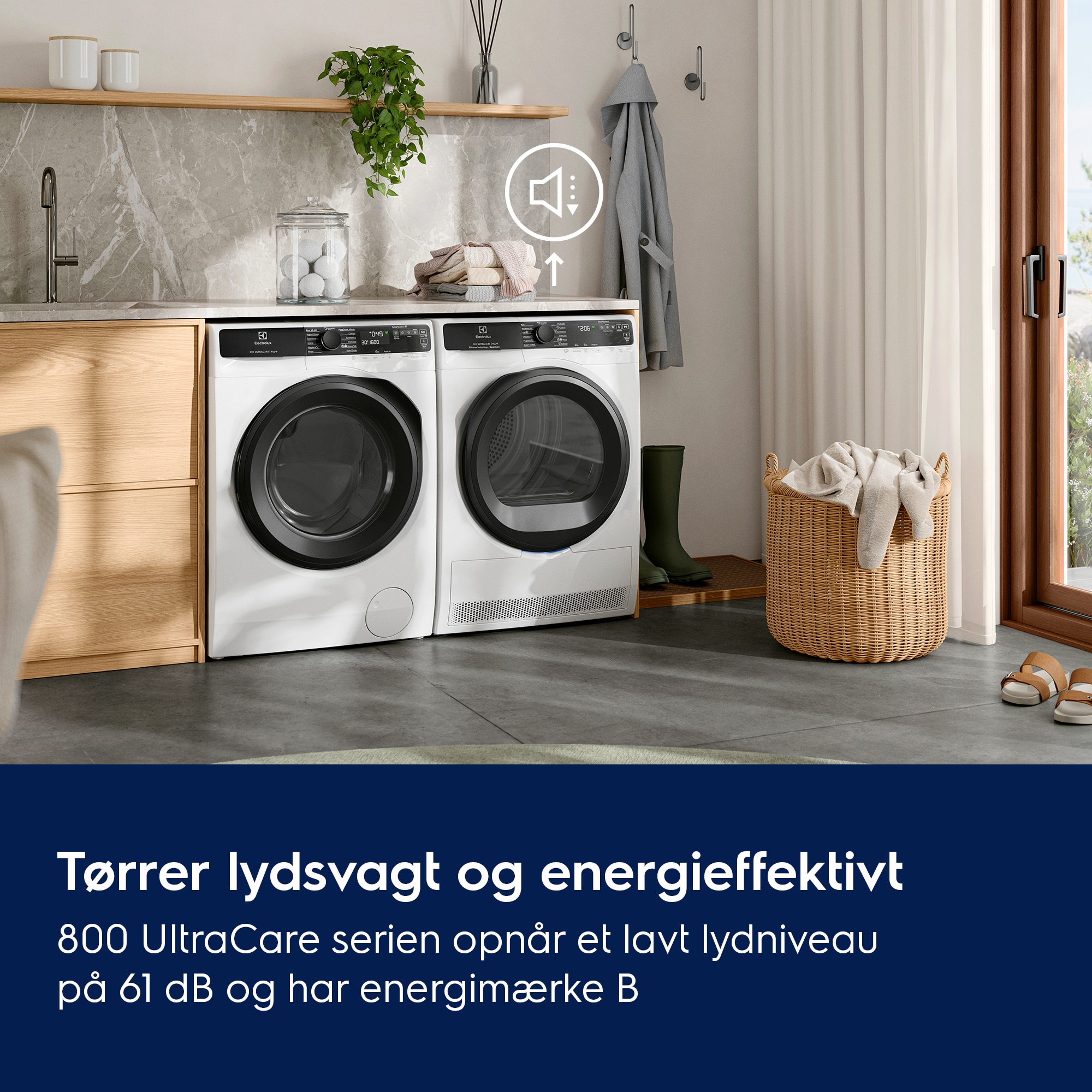 Tørrer lydsvagt og energieffektivt 800 UltraCare serien opnår et lavt lydniveau på 61 dB og har energimærke B