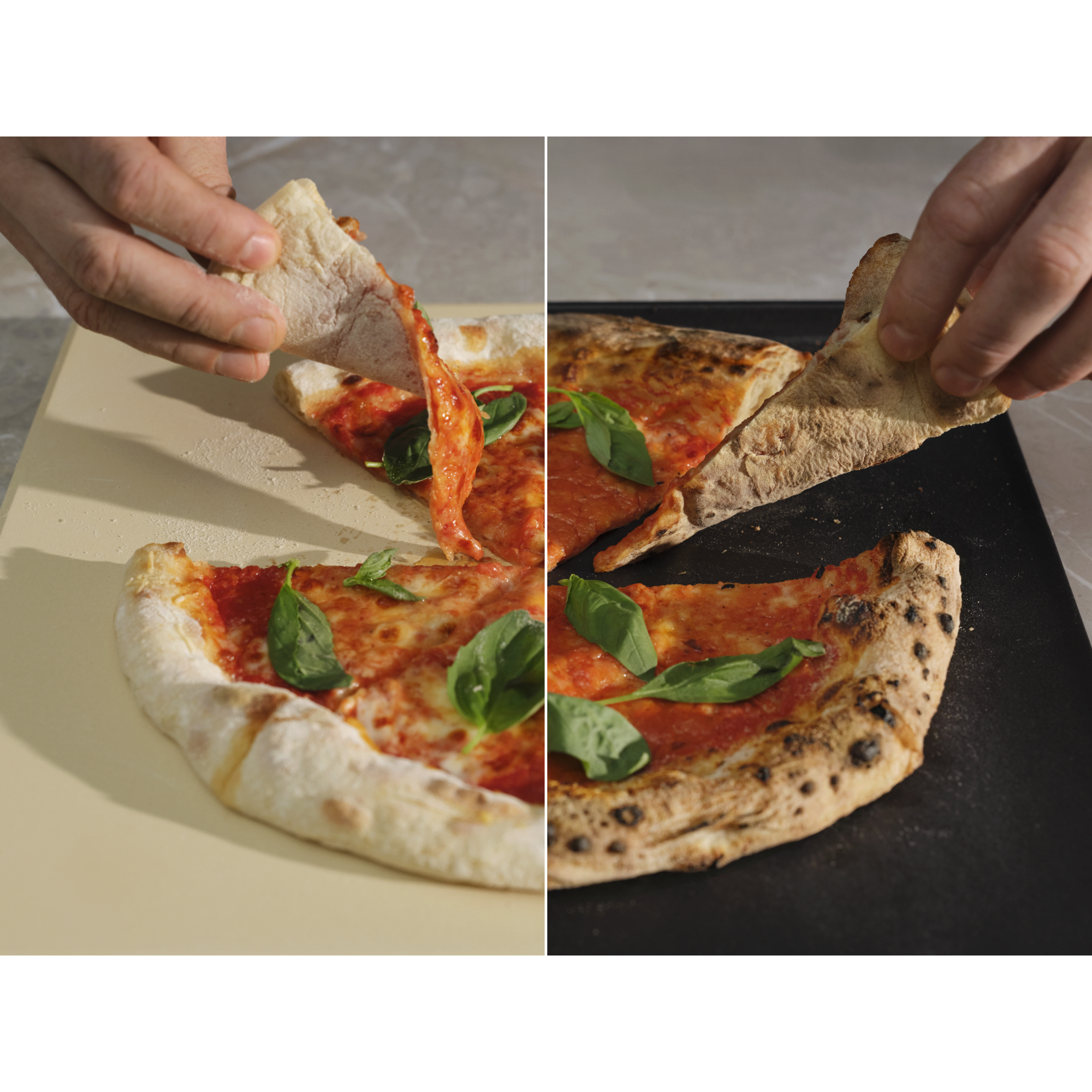 Two different pizzas shown with different results baked on different trays