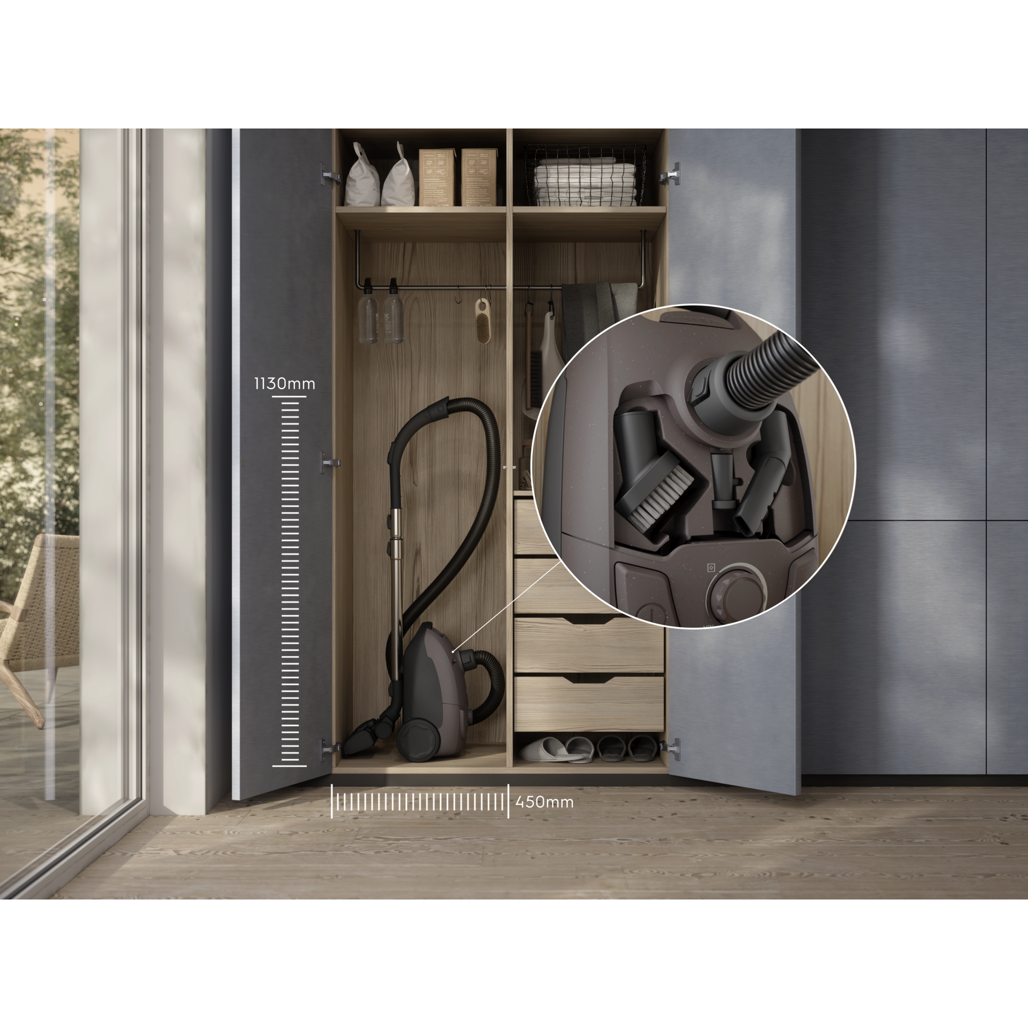 Compact design that’s easy to store, with on-board accessories kept within reach.