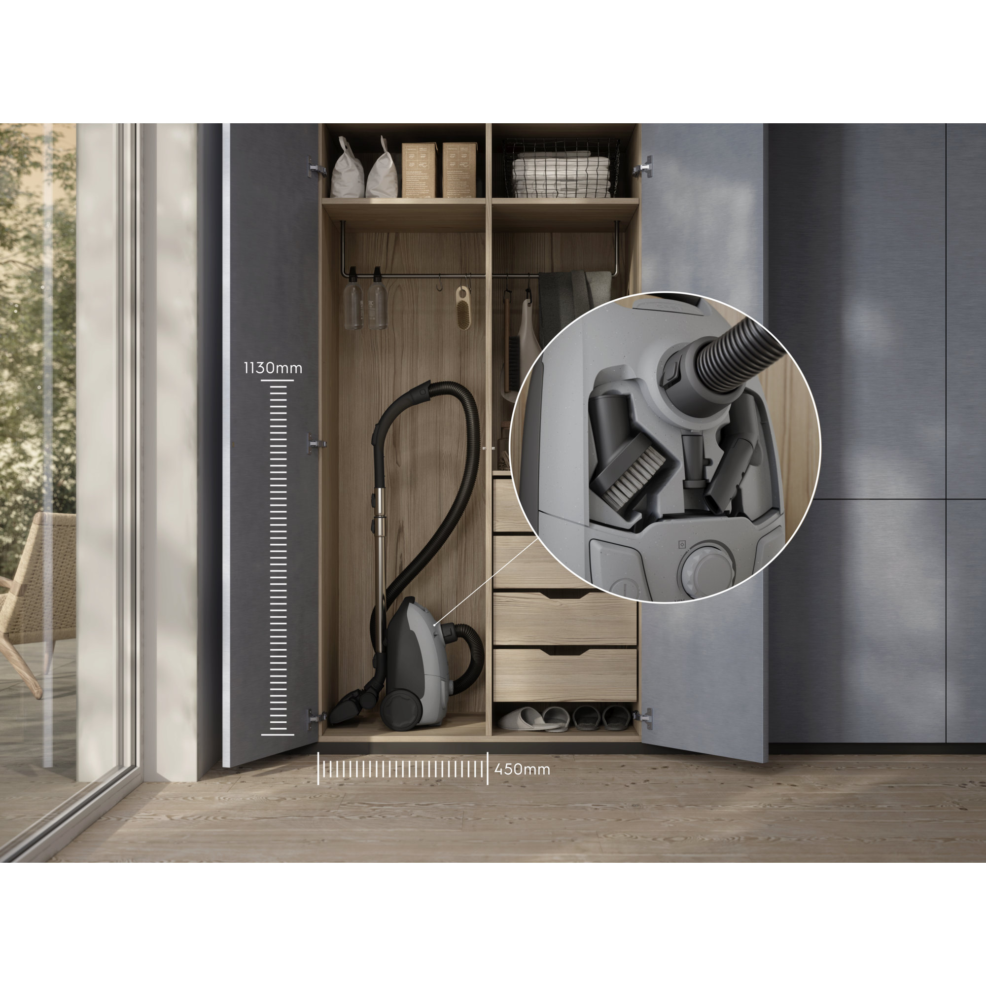 Compact design that’s easy to store, with on-board accessories kept within reach.