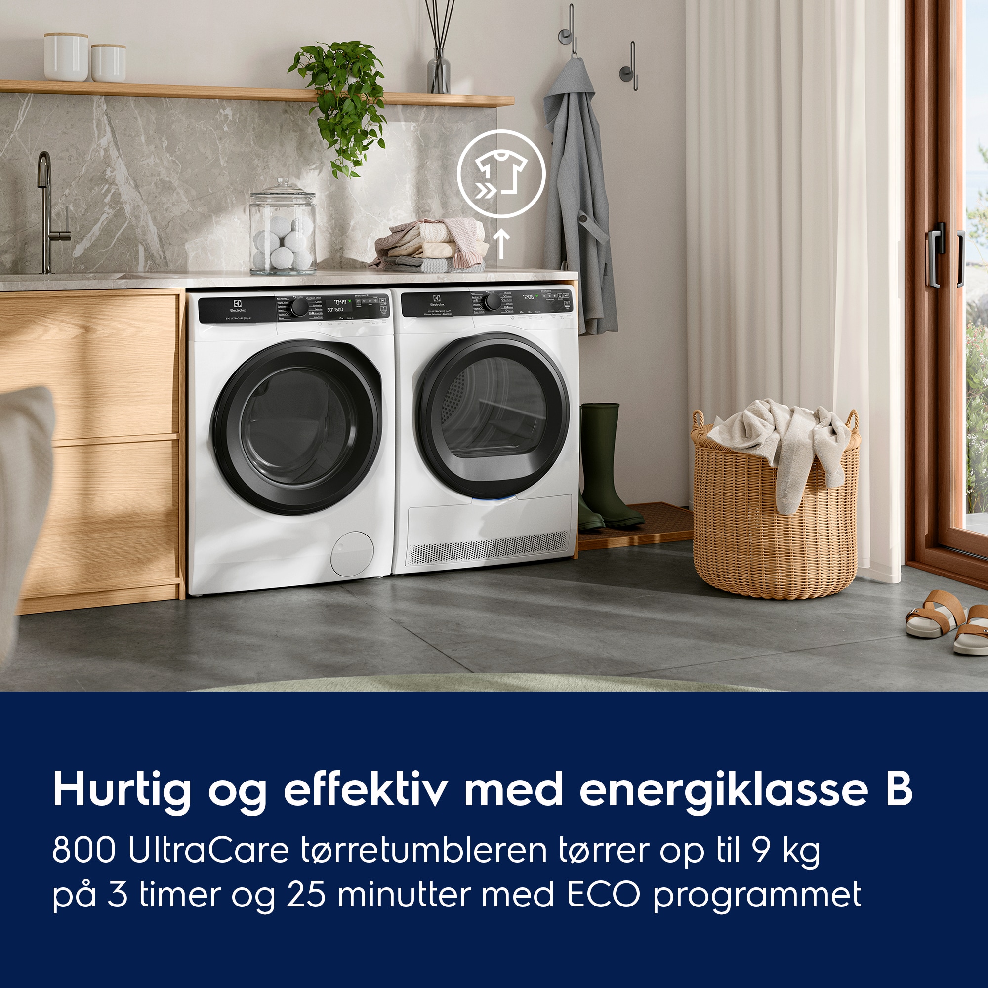 Hurtig og effektiv med energiklasse B 800 UltraCare tørretumbleren tørrer op til 9 kg på 3 timer og 25 minutter med ECO programmet