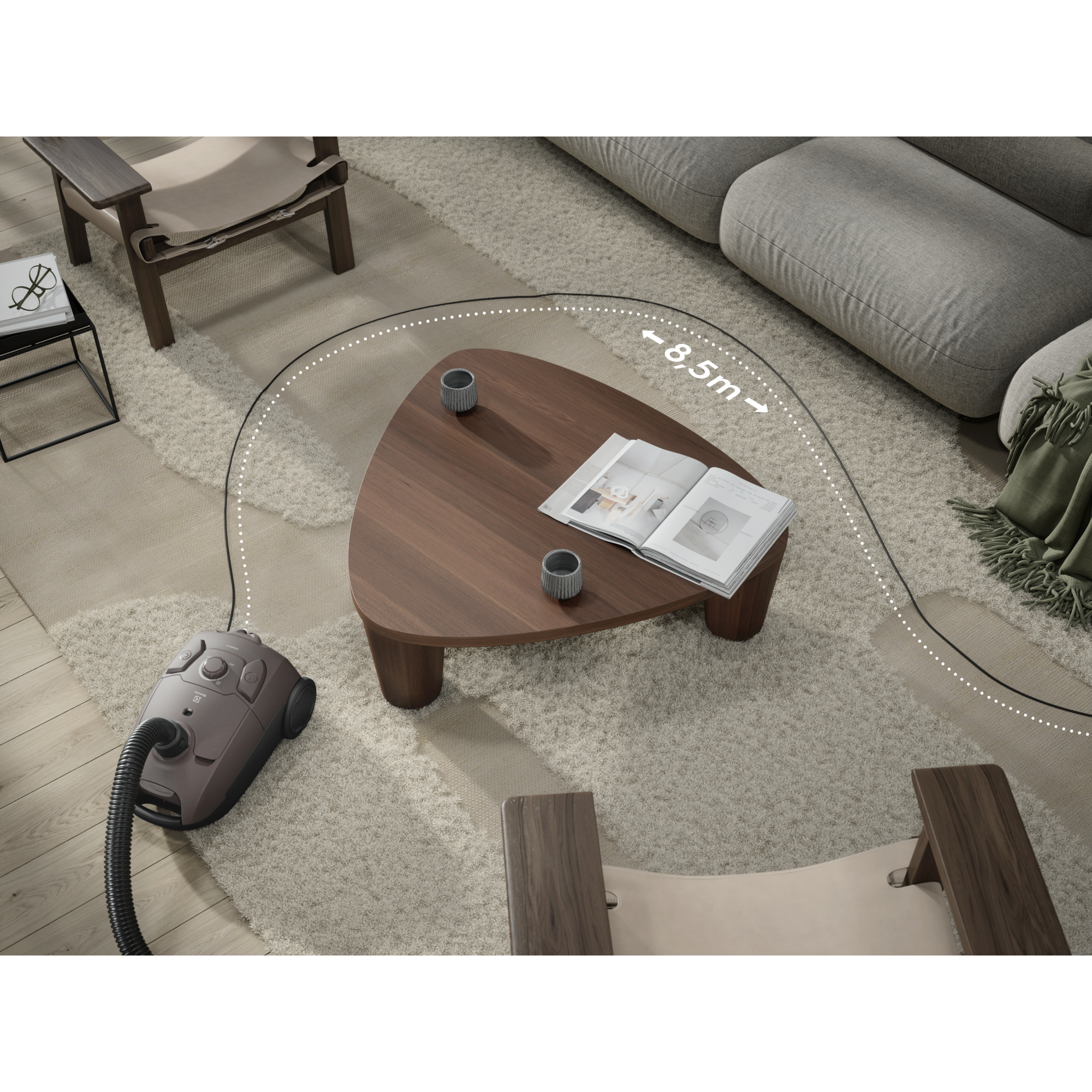 Clean without interruptions. The 8.5m cleaning radius gives you plenty of reach without changing the power outlet.