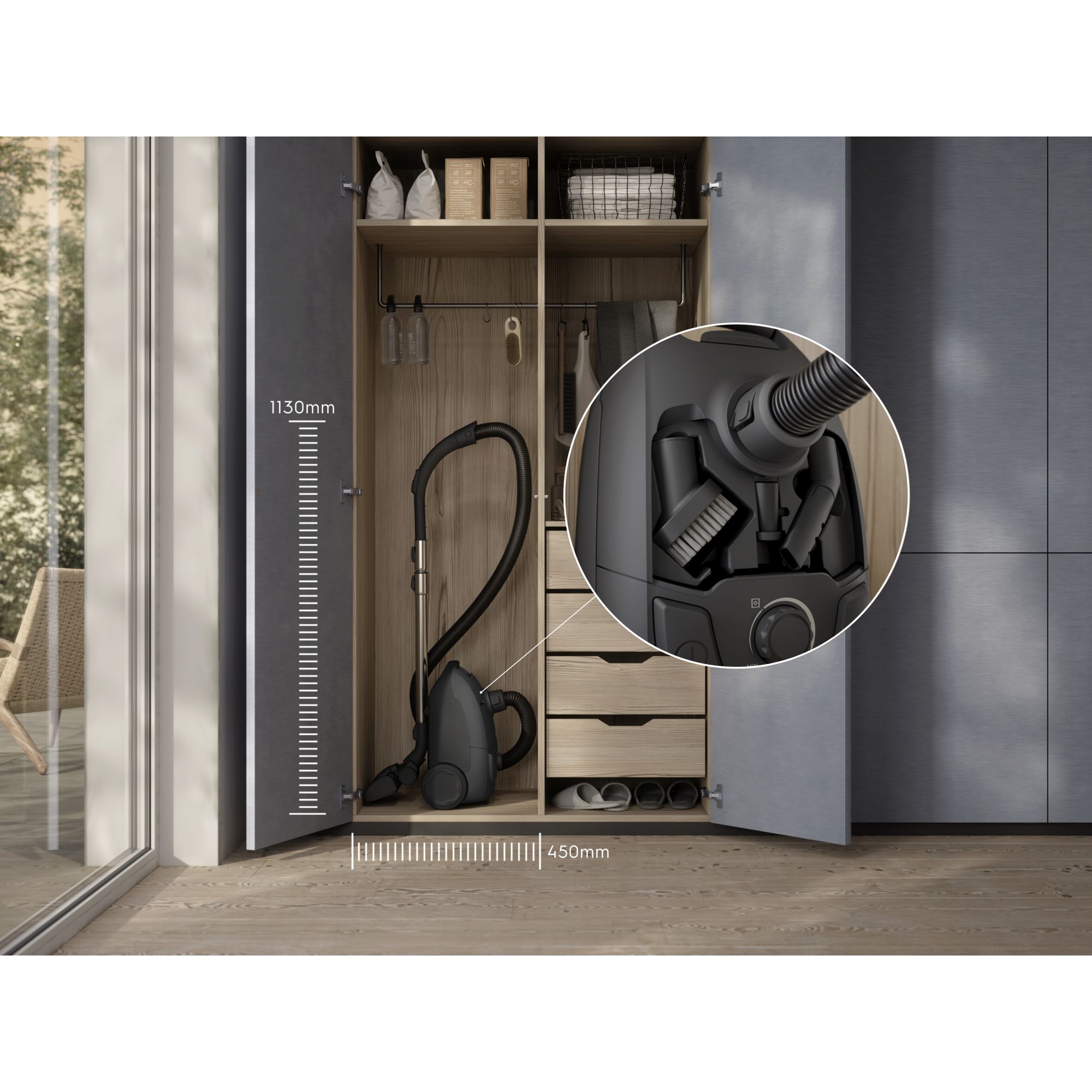 Compact design that’s easy to store, with on-board accessories kept within reach.