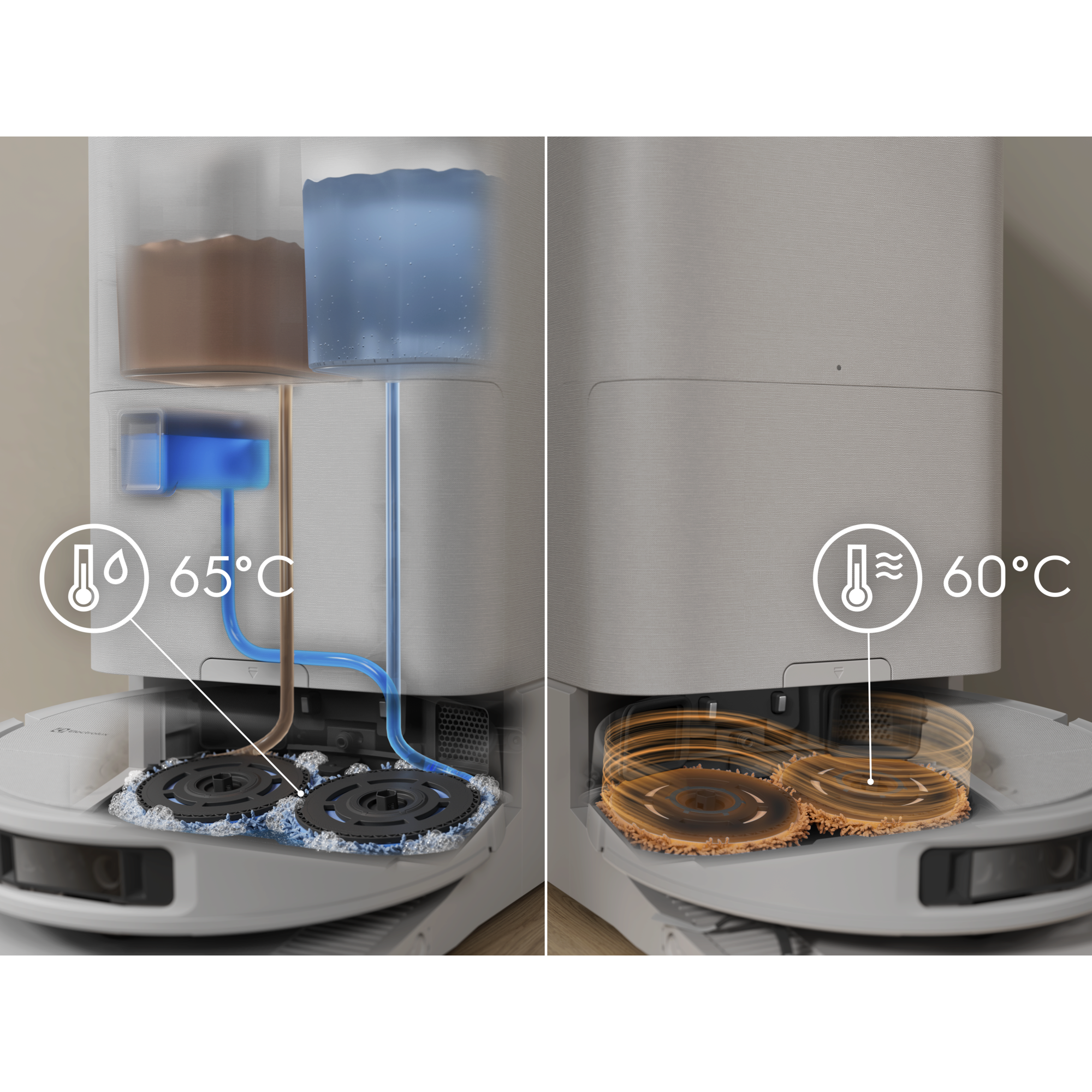 Self-cleaning system uses hot water, hot air and detergent