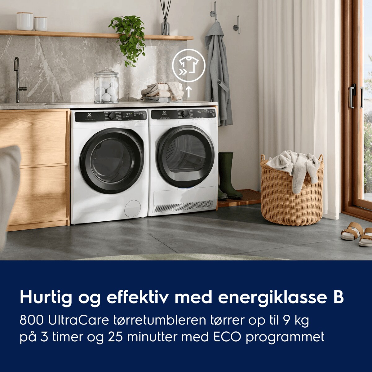 Hurtig og effektiv med energiklasse B 800 UltraCare tørretumbleren tørrer op til 9 kg på 3 timer og 25 minutter med ECO programmet  