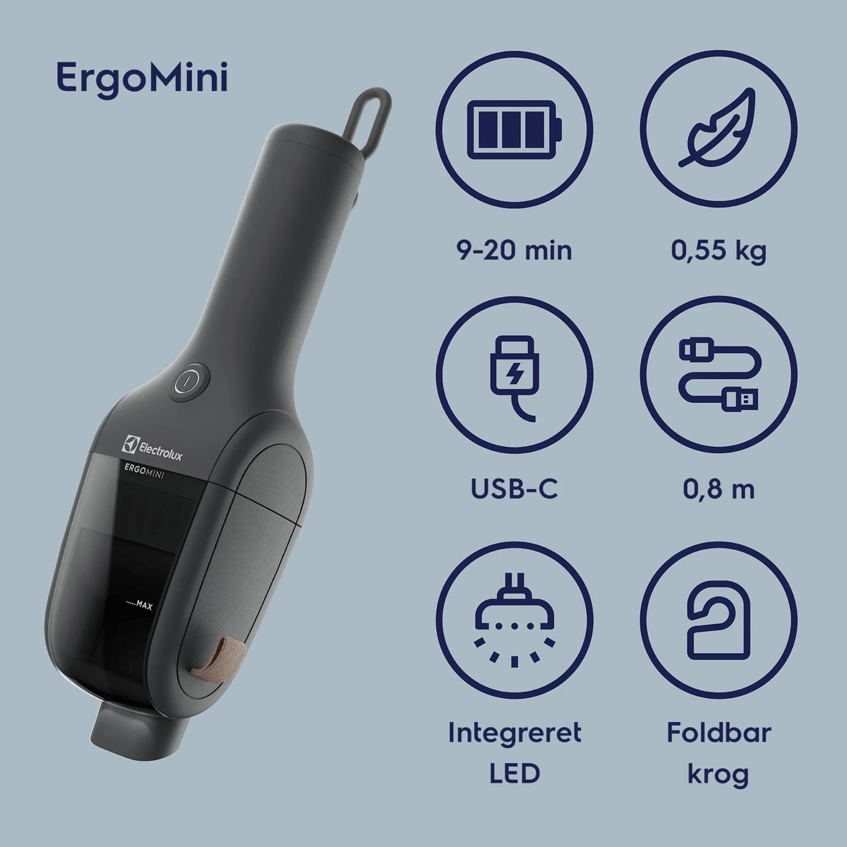 ErgoMini 9-20 min USB-C Integreret LED 0,55 kg 0,8 m Foldbar krog
