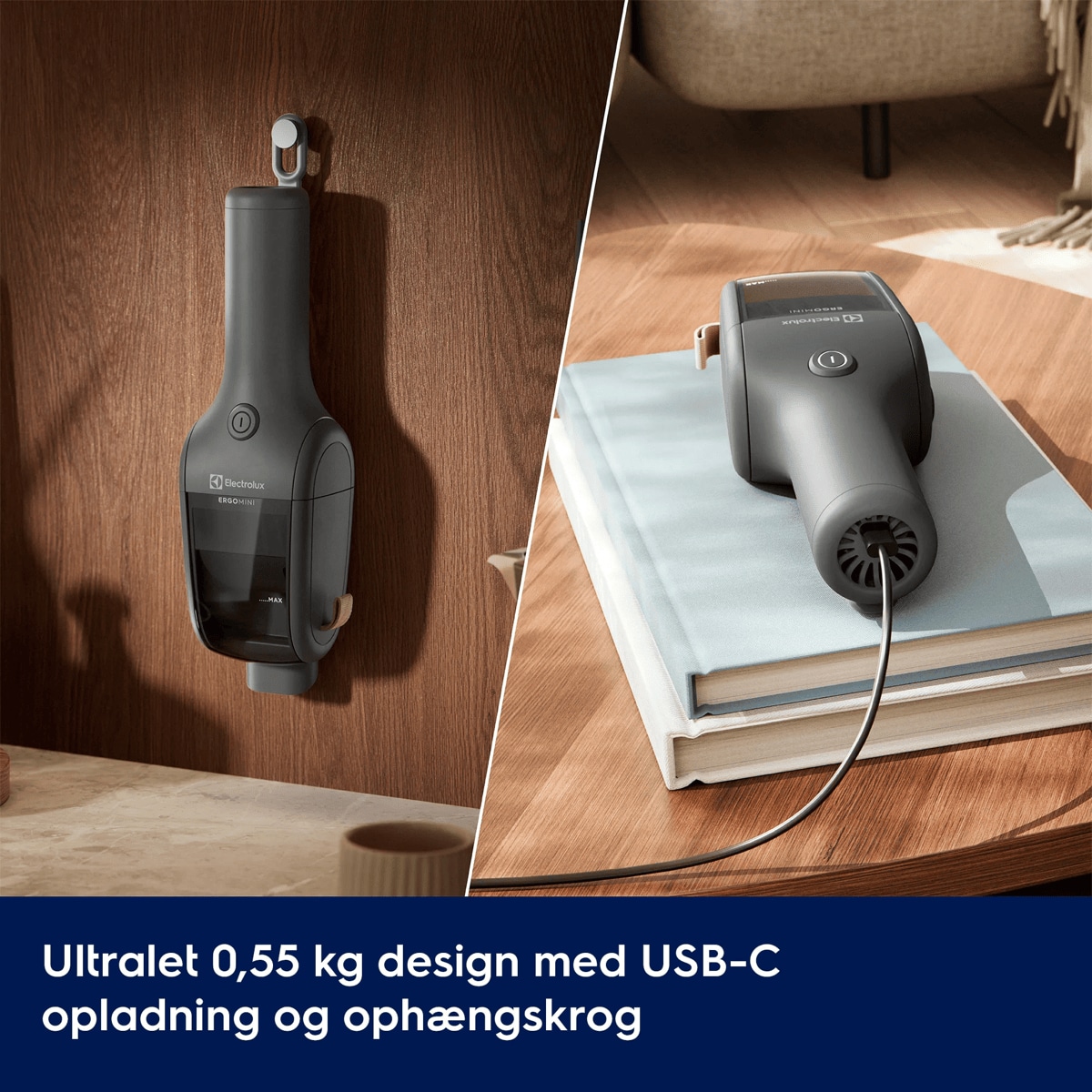 Ultralet 0,55 kg design med USB-C opladning og ophængskrog.