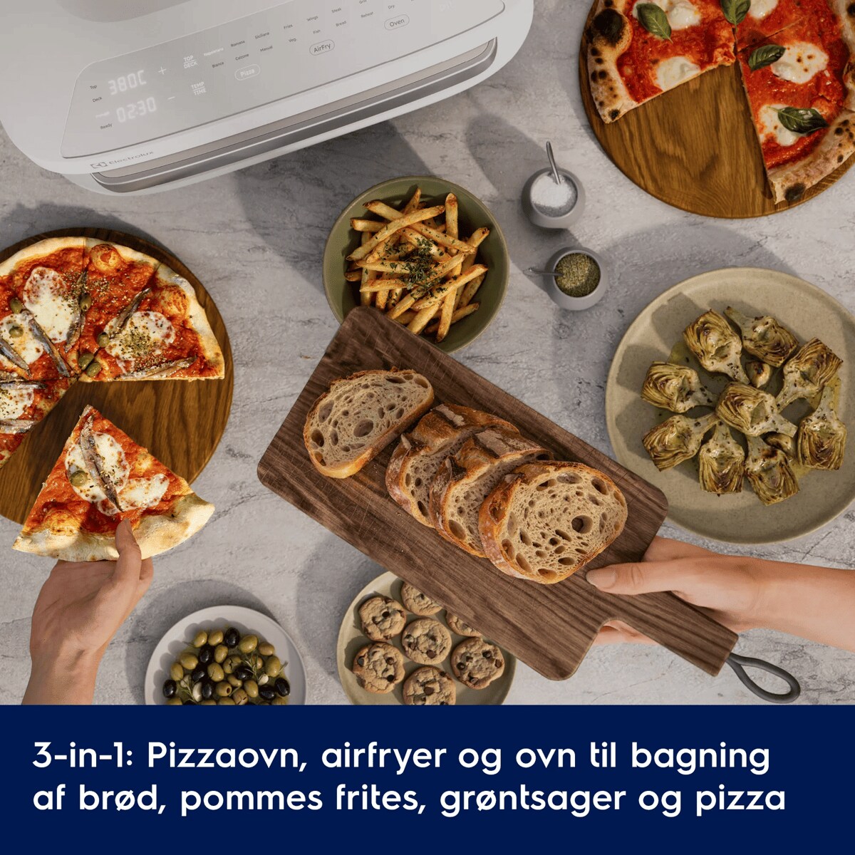 3-in-1: Pizzaovn, airfryer og ovn til bagning af brød, pommes frites, grøntsager og pizza